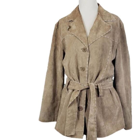 Out brook light Brown Leather Coat with tie - Picture 1 of 9